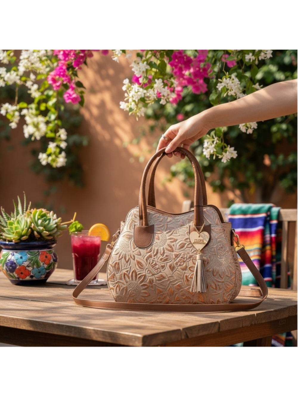 Tan Beige Gold Brown Sunflower Embossed Tooled Artisan LEATHER Hobo Bag Purse